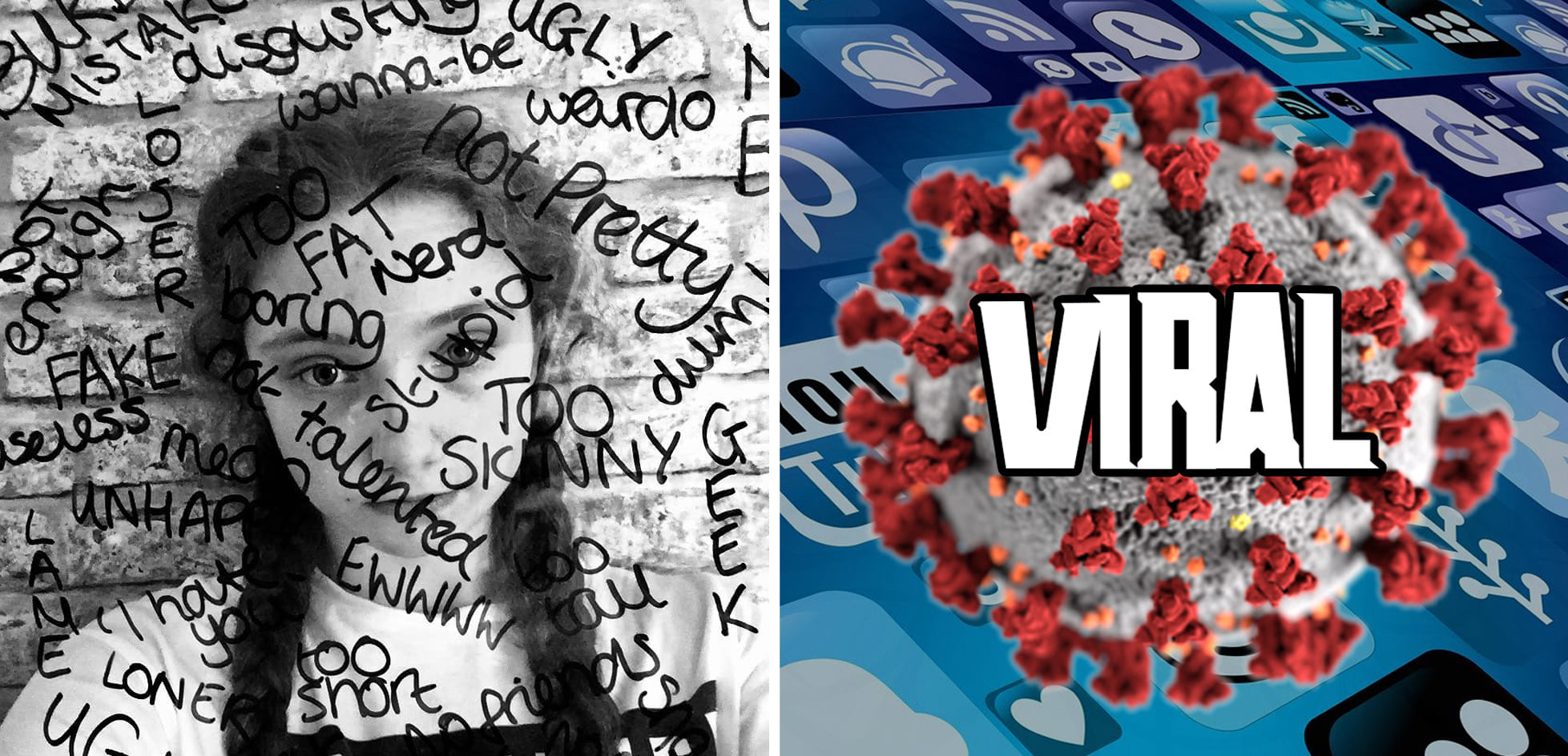 Right: Image from Tagged & Filtered project [Description: A young girls photo is obscured by writing of negative words like "ugly" and "loner" are scralled across the image.] Left: Logo from Viral project [Description: An image of a virus cell with the word "VIRAL" across a background of blue social media icons.]